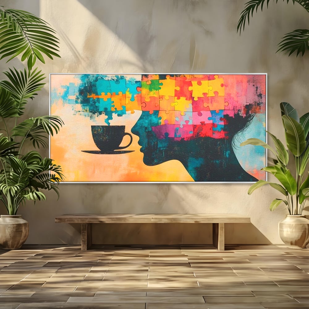 Tablou canvas cu tablou canvas cu silueta de femeie si puzzle, in rama de aluminiu argintiu